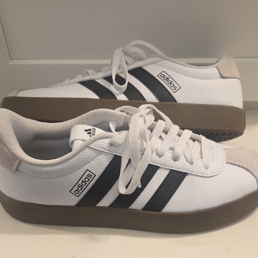 Adidas Women's White and Black Sneakers with Brown Sole